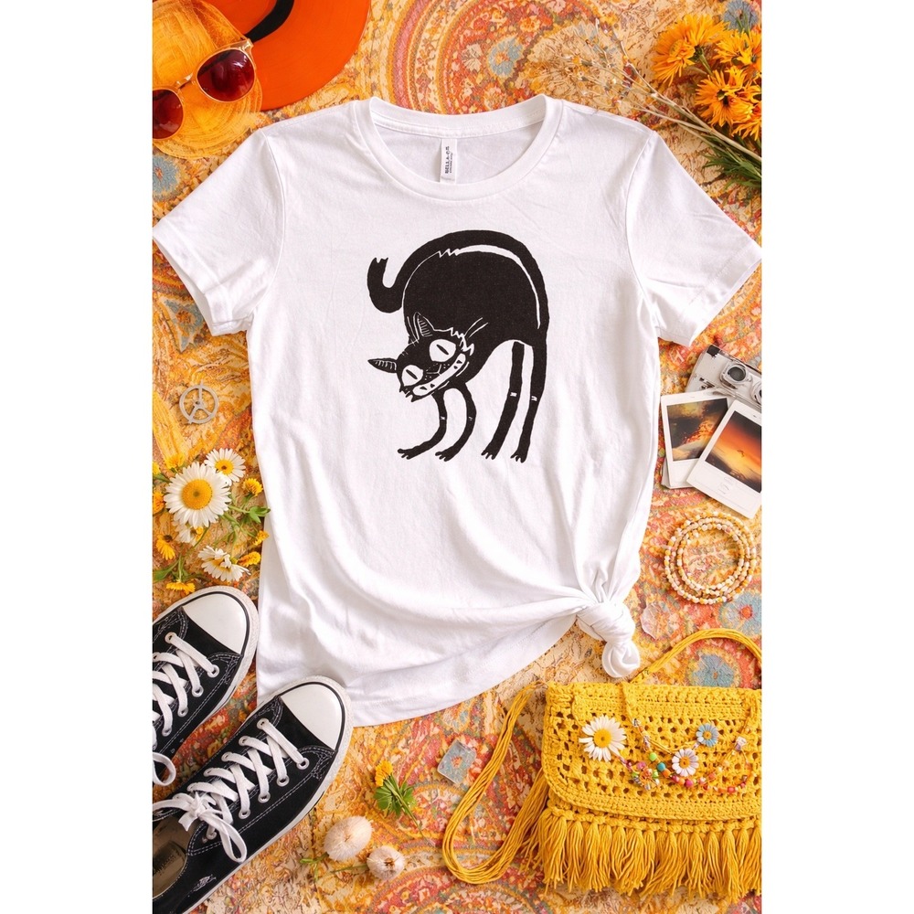 Whimsical Goth Festival Summer Scaredy Black Cat Graphic T Med USA Made